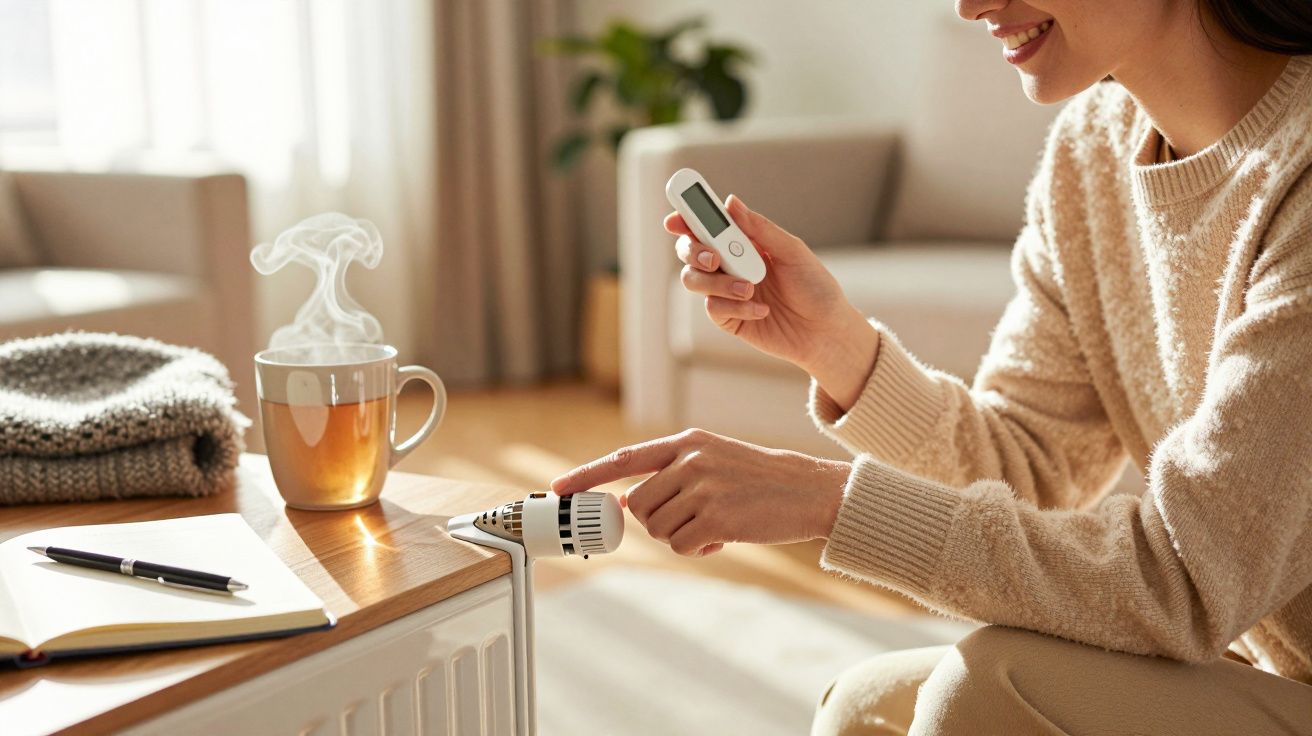 Kobieta w beżowym swetrze reguluje temperaturę na grzejniku, trzymając pilot. Na stole gorąca herbata i notes z długopisem.