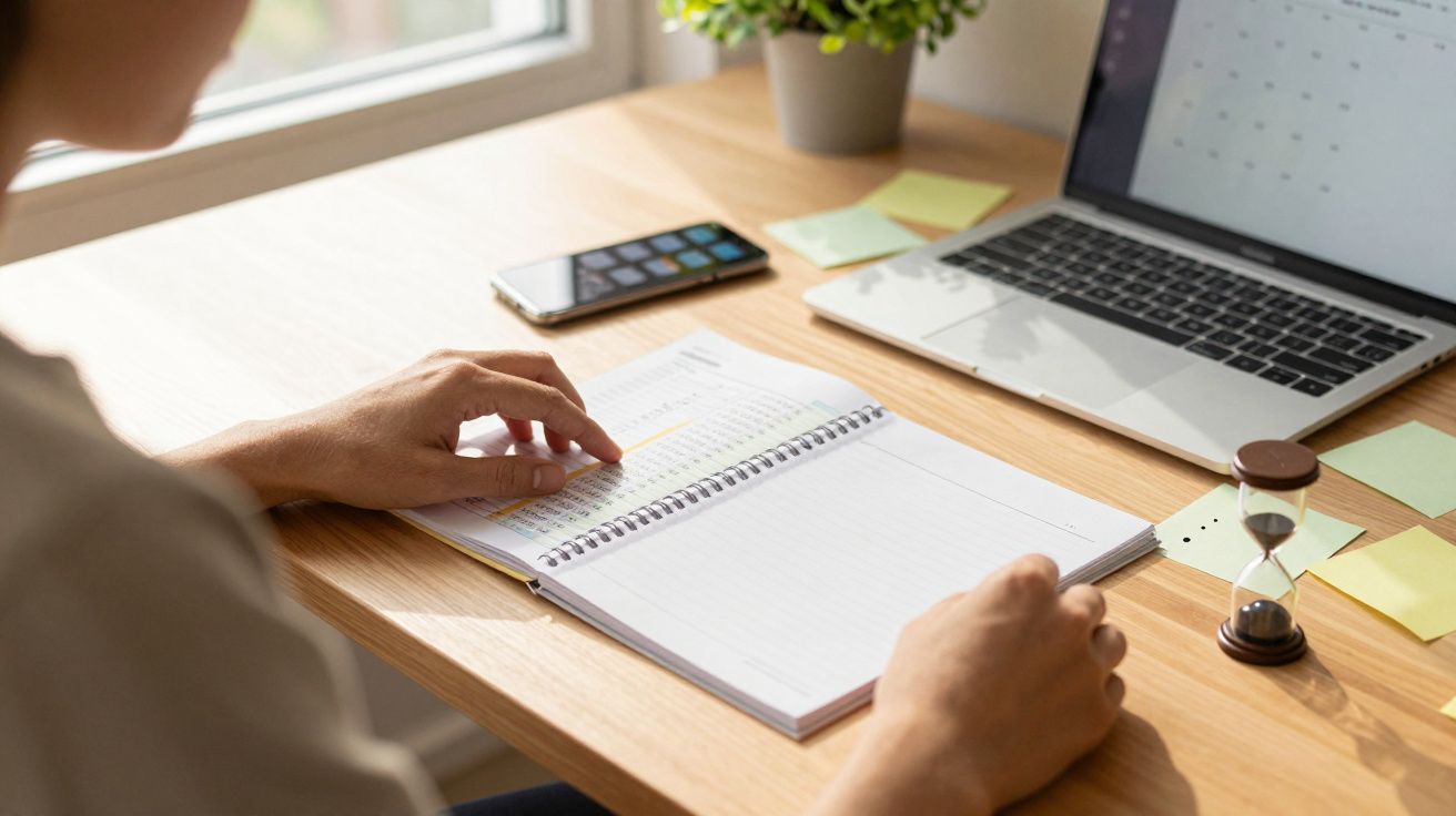 Osoba siedząca przy biurku, korzystająca z laptopa i notatnika, obok klepsydra i smartfon.