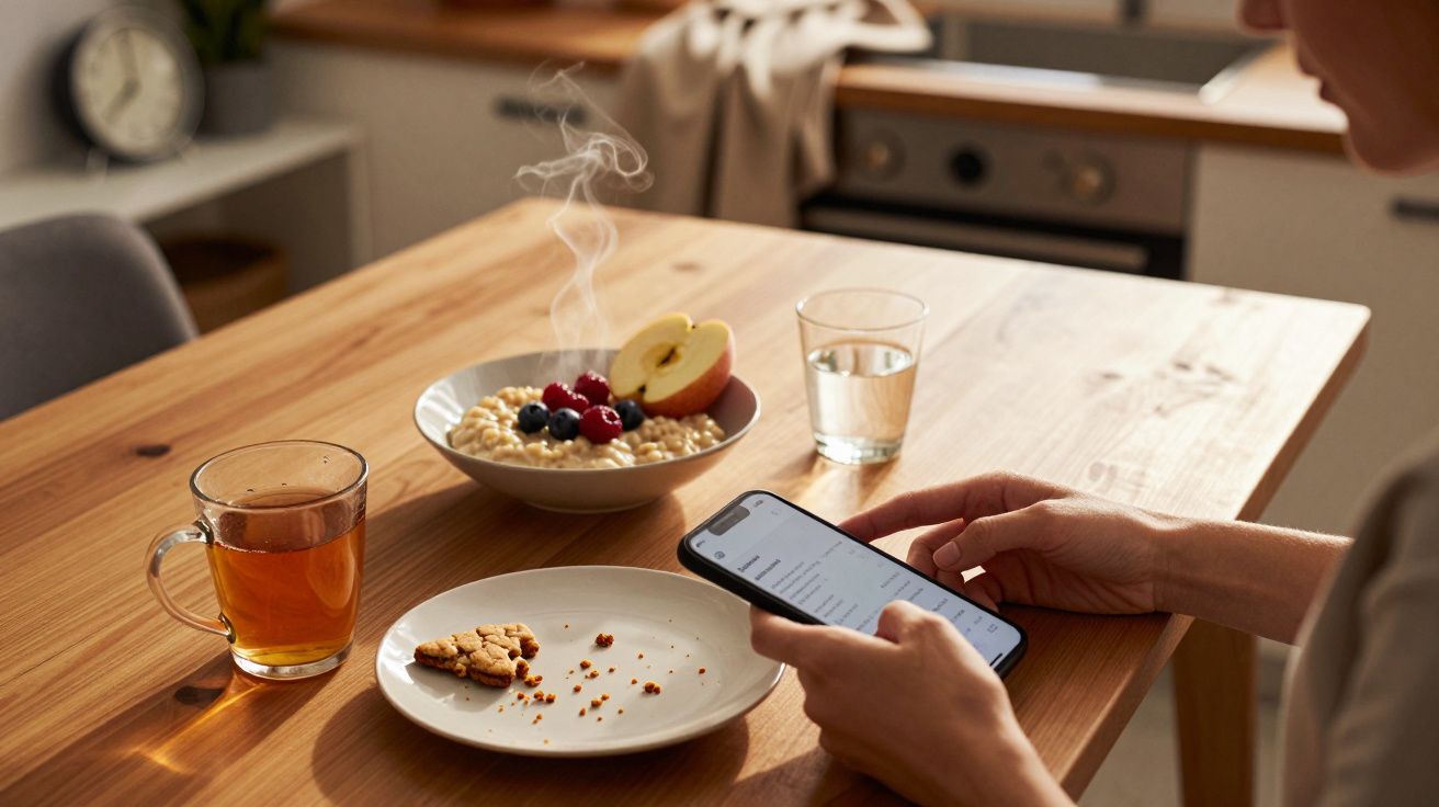 Osoba siedzi przy drewnianym stole, trzyma telefon. Obok talerz z ciasteczkami, parująca owsianka i szklanka napoju.