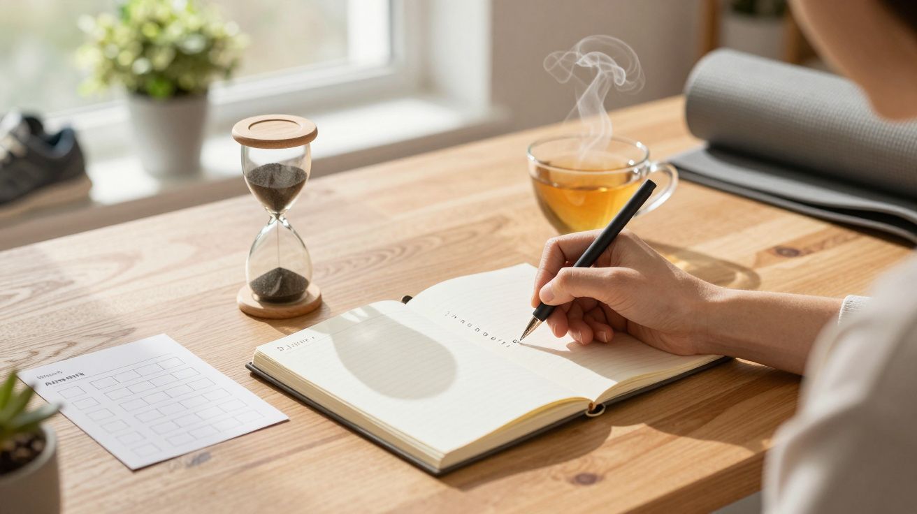 Osoba pisząca w dzienniku przy biurku, z filiżanką herbaty i klepsydrą obok, w jasnym, słonecznym pokoju.