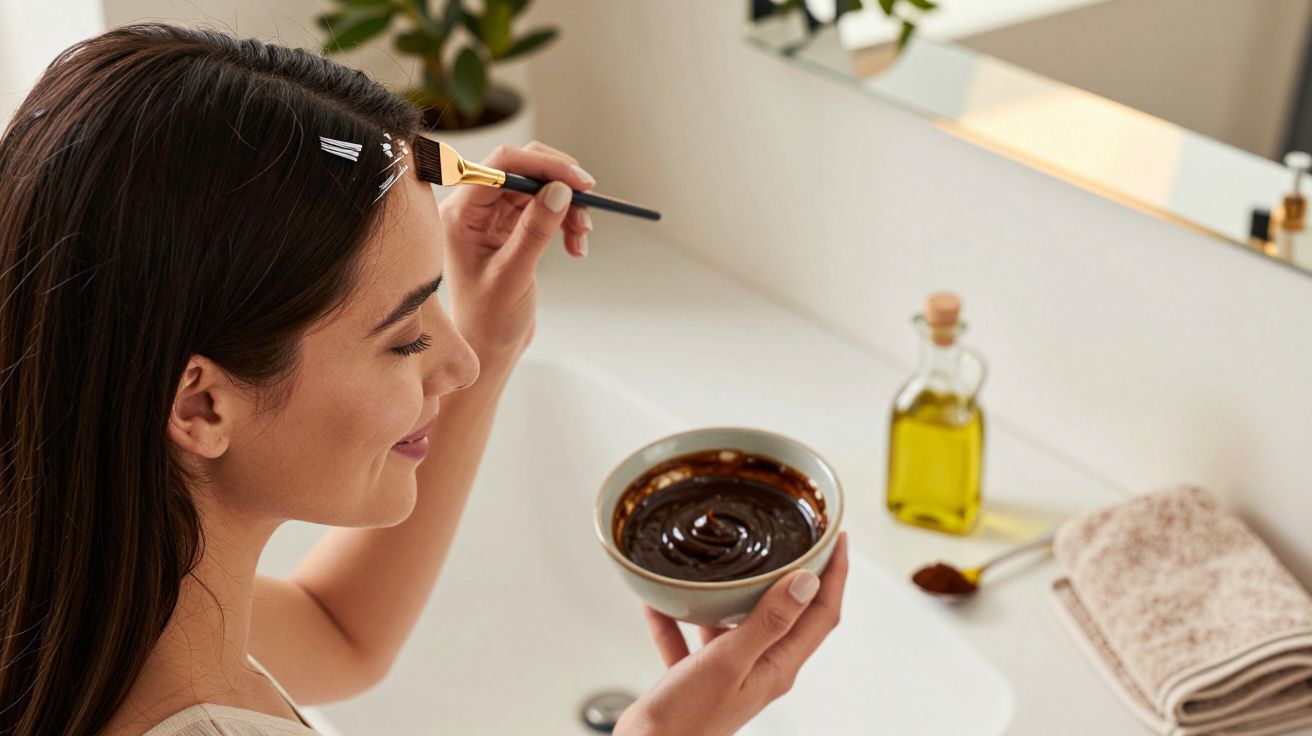 Kobieta w łazience nakłada mieszankę na włosy pędzlem nad umywalką, obok stoi butelka oliwy i ręcznik.