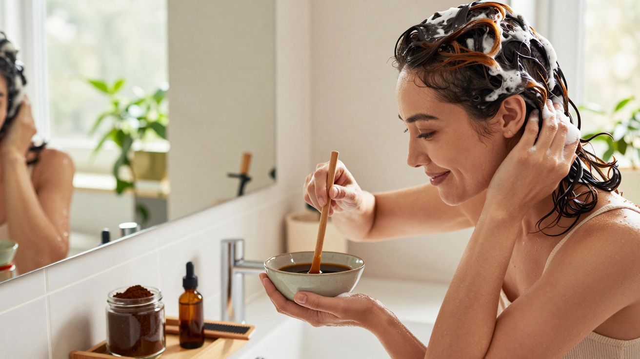 Kobieta myjąca włosy szamponem w łazience, trzyma miskę z mieszanką, obok kosmetyki i rośliny na półce.