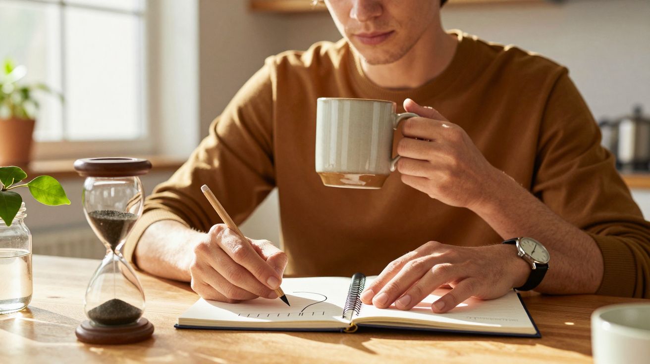 Osoba z filiżanką kawy pisząca w notatniku przy stole, obok klepsydra i roślina w słoiku.