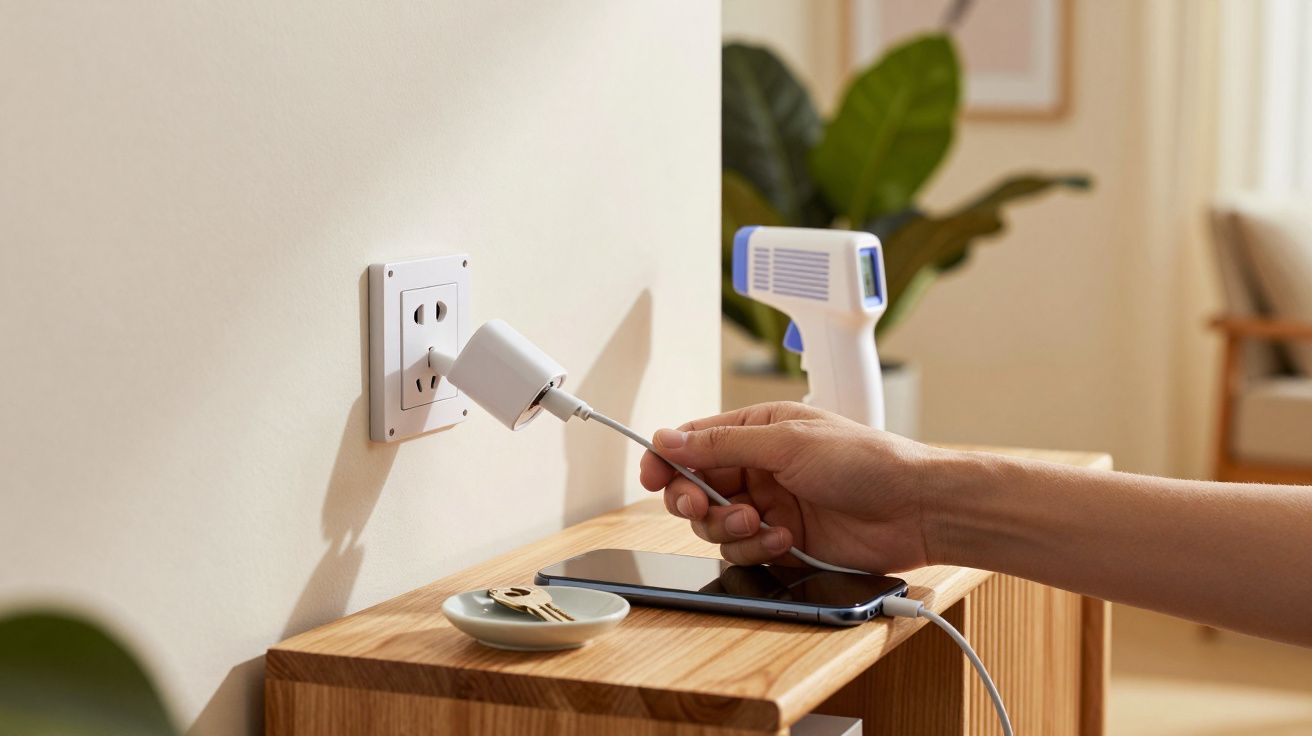 Osoba podłączająca ładowarkę do gniazdka obok smartfona na drewnianej półce w jasnym pokoju.