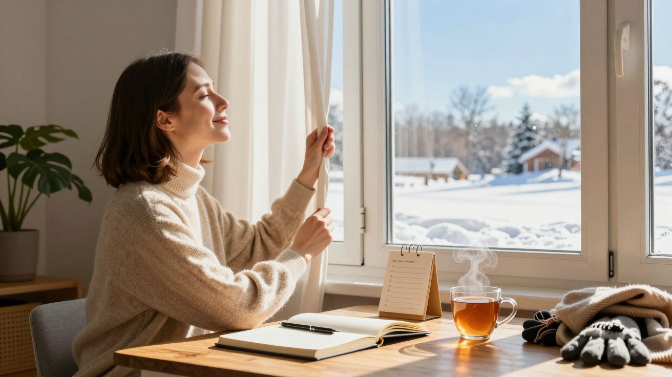 Kobieta w beżowym swetrze patrzy przez okno na śnieżny krajobraz, siedząc przy stoliku z notatnikiem i filiżanką herbaty.