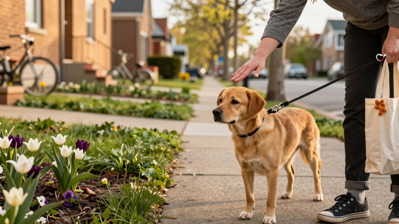 Osoba na spacerze z psem na smyczy, obok kwitnące tulipany, w tle rower i domy.
