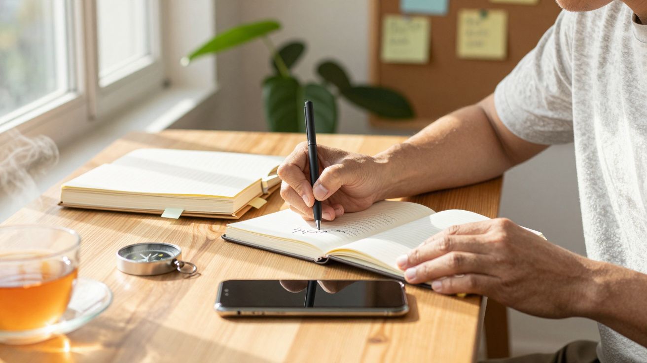 Osoba pisząca w notatniku przy biurku, obok filiżanka herbaty, kompas i telefon komórkowy.