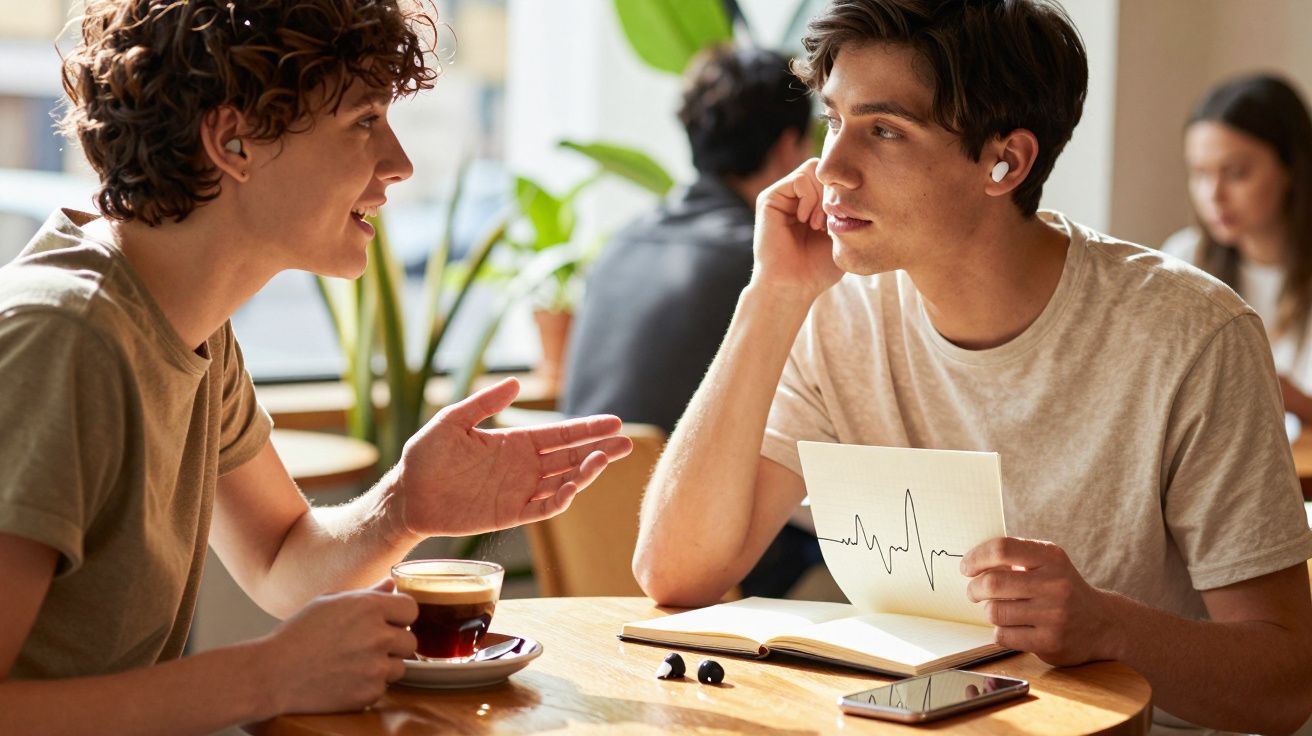 Dwóch mężczyzn rozmawia przy stoliku w kawiarni, jeden pokazuje kartkę z wykresem.