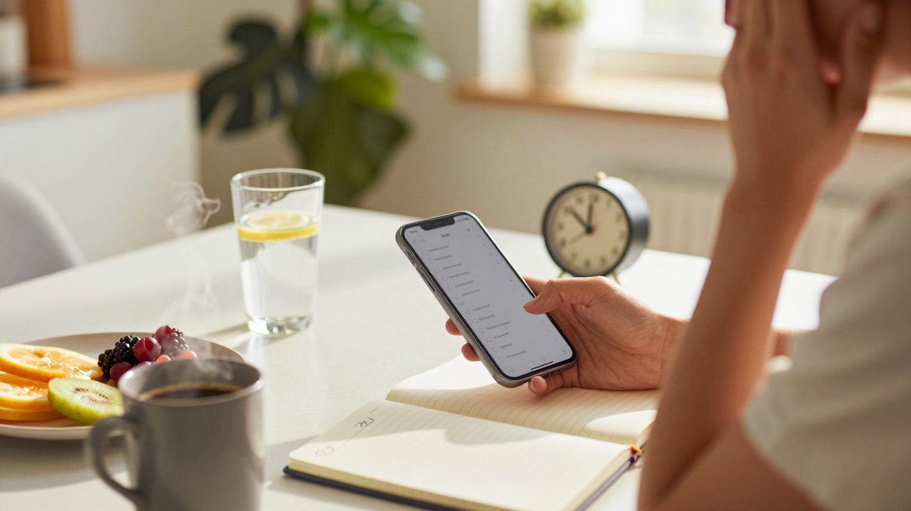 Osoba przy stole, trzyma smartfon, obok filiżanka kawy, talerz owoców, szklanka wody z cytryną i zegar.