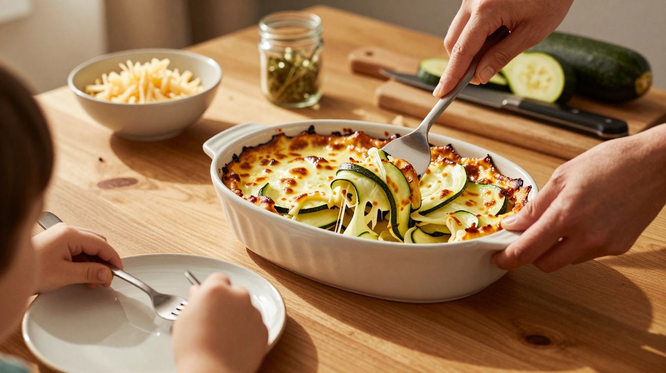 Osoba serwująca zapiekankę z cukinią na stół drewniany, obok dziecko z talerzem.