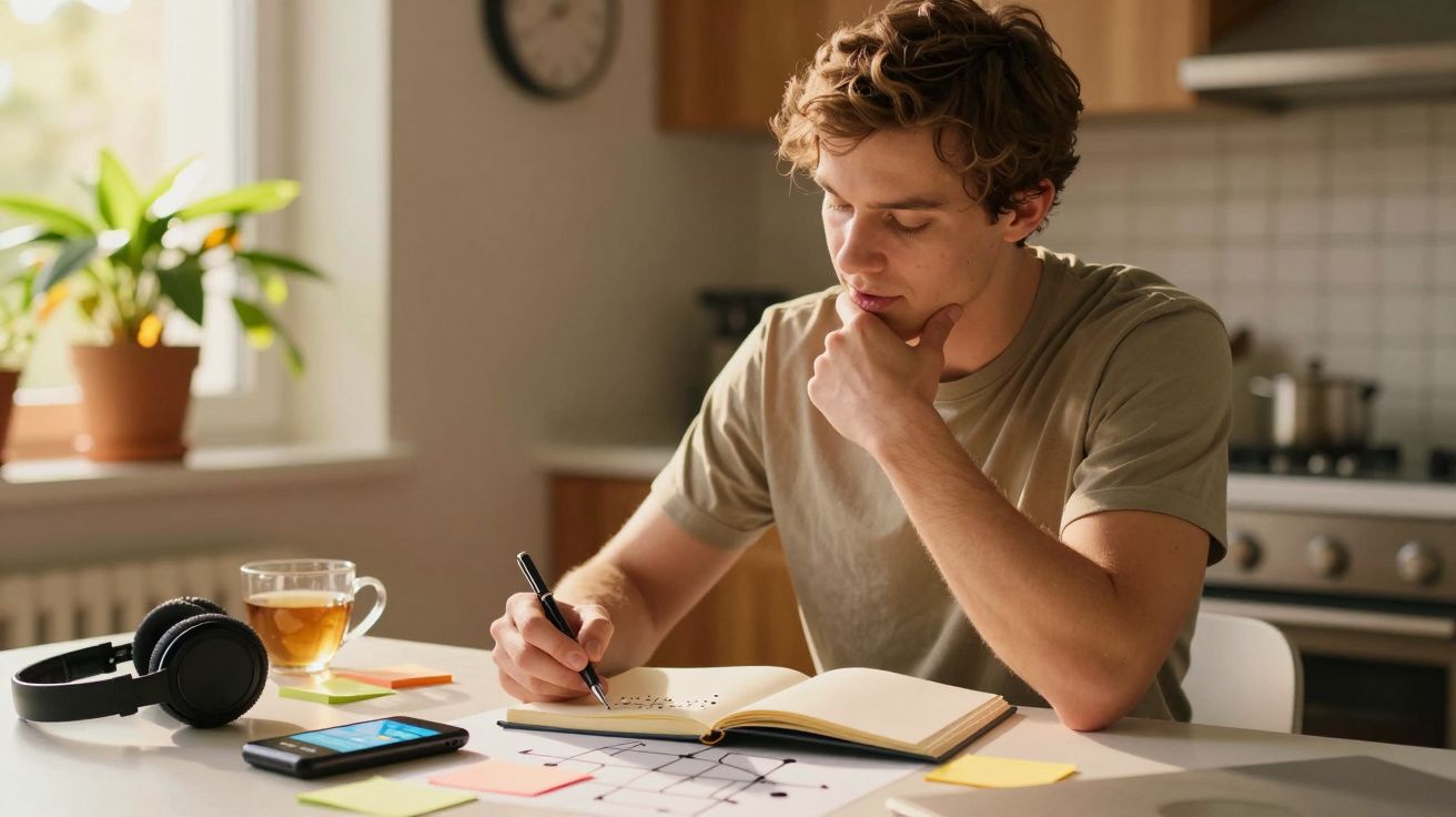 Mężczyzna przy stole, pisze w notesie, otoczony słuchawkami, telefonem i herbatą, w jasnej kuchni.