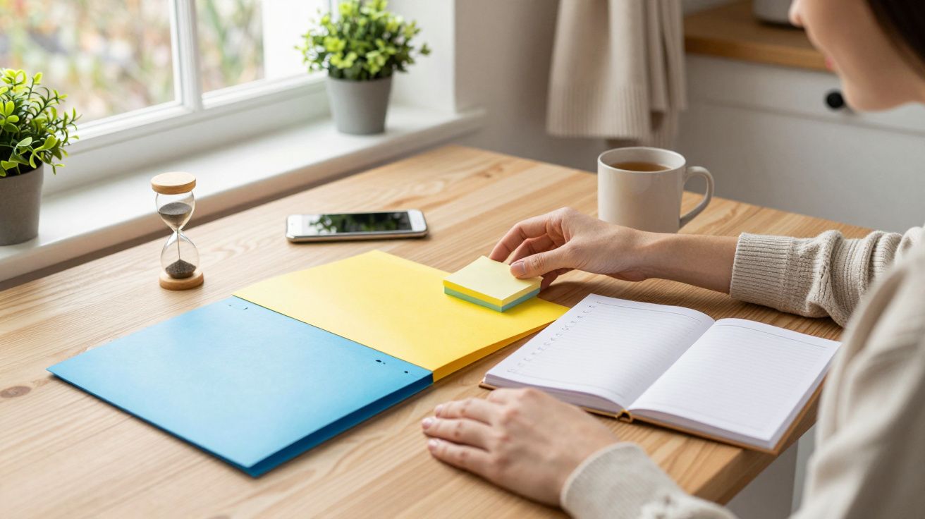 Osoba przy biurku z zeszytem, filiżanką kawy, klepsydrą, telefonem i dokumentami w otoczeniu roślin.