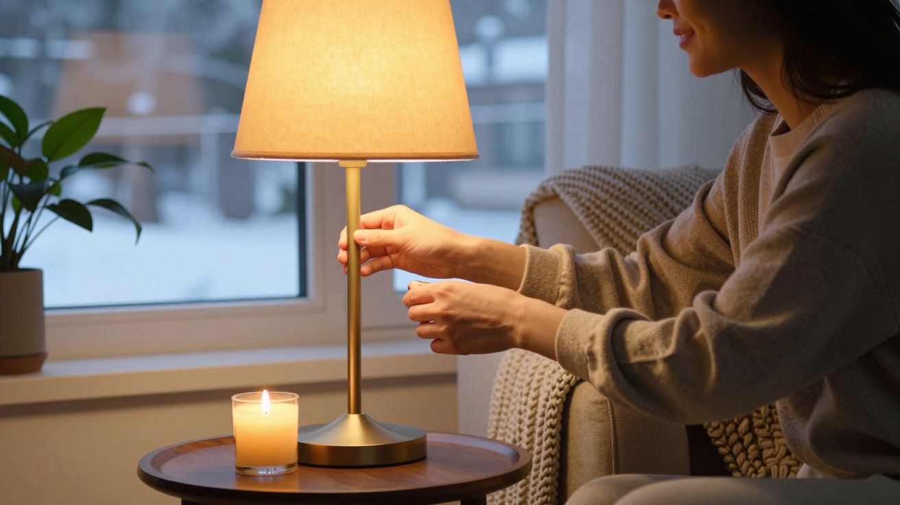 Osoba włącza lampkę stołową, obok zapalona świeca, przy oknie z widokiem na zimowy krajobraz.