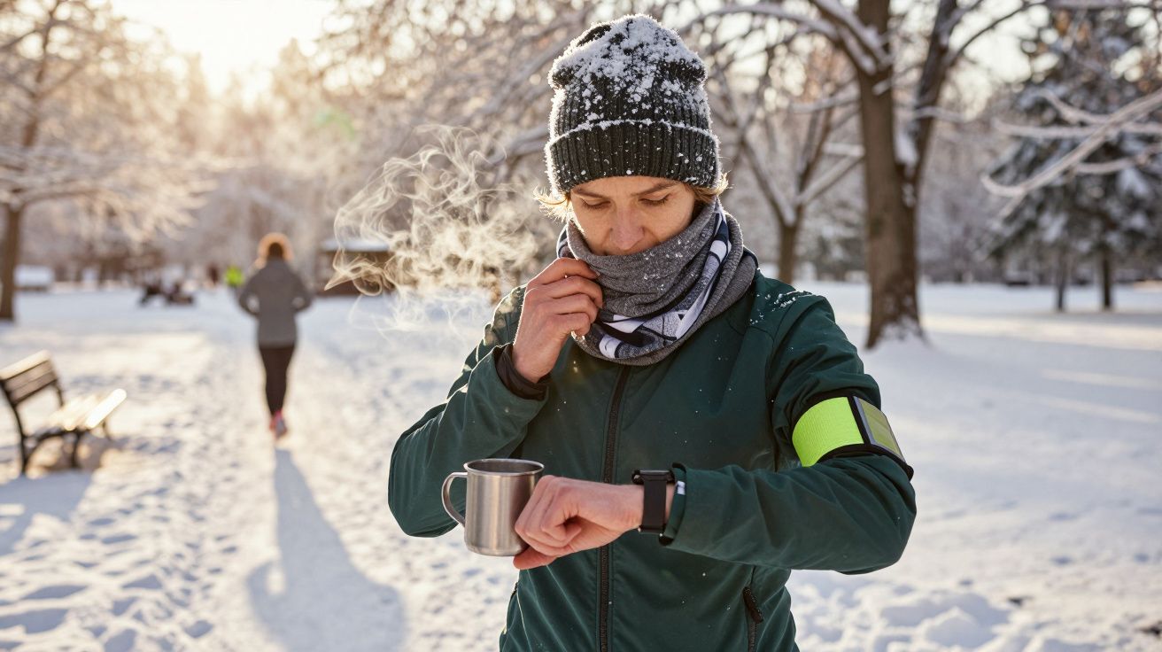 Osoba w zimowej scenerii z kubkiem w ręku, patrzy na zegarek. W tle zaśnieżony park i biegnąca osoba.