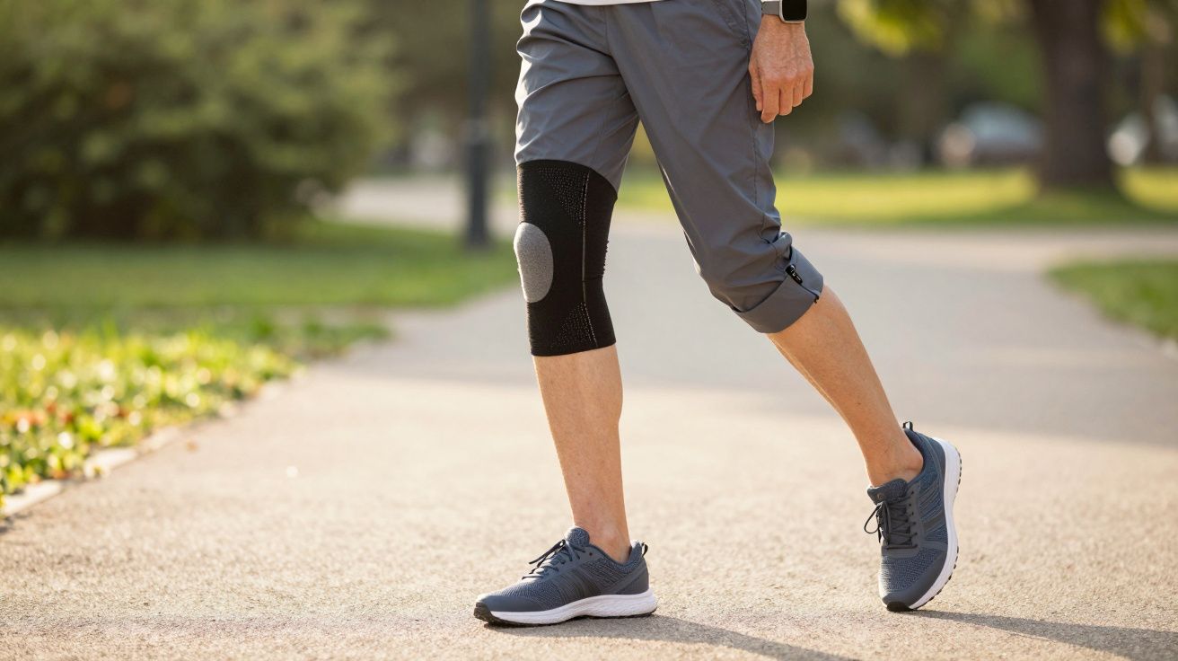 Osoba spacerująca po parku, nosząca opaskę na kolano i szare sportowe buty.