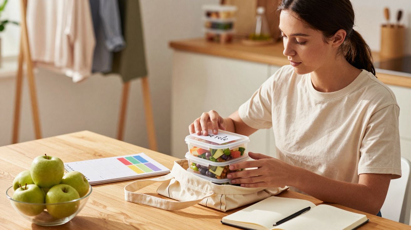 Kobieta pakująca pojemnik z sałatką do torby na stole z notatnikiem i miską jabłek.
