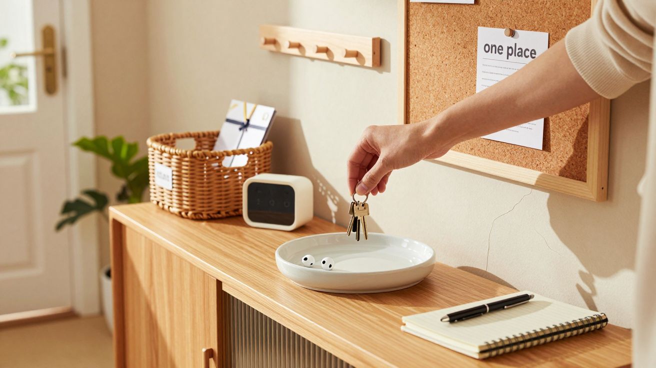 Osoba odkładająca klucze na talerz na drewnianej komodzie obok notatników i koszyka.