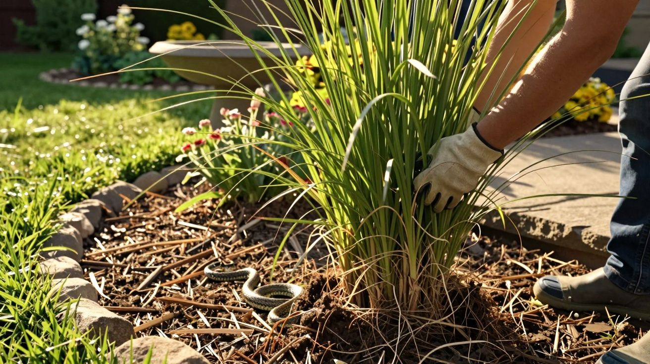 Osoba w rękawicach ogrodniczych pielęgnuje roślinę, obok w trawie jest wąż.