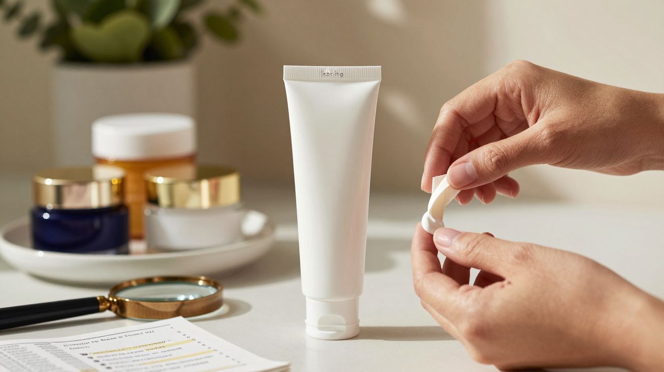 Osoba nakłada naklejkę na białą tubkę kremu na stole z kosmetykami w tle.