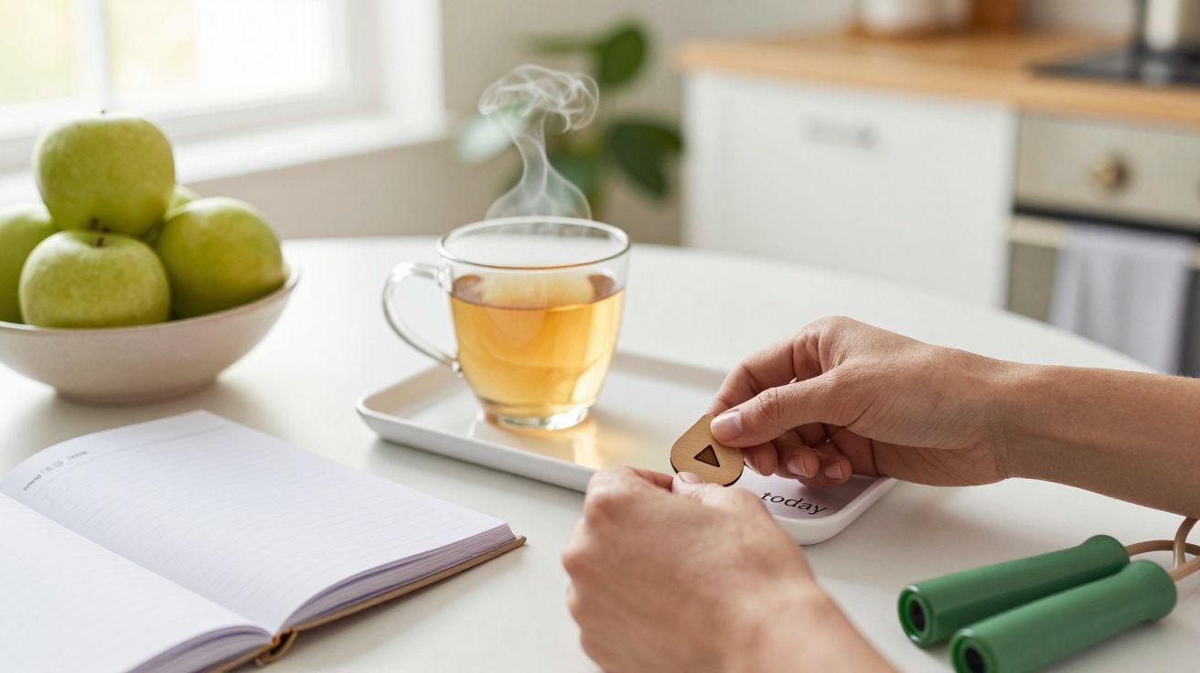 Osoba trzymająca znaczek przy stole z gorącą herbatą, zeszytem, skakanką i miską zielonych jabłek w tle.