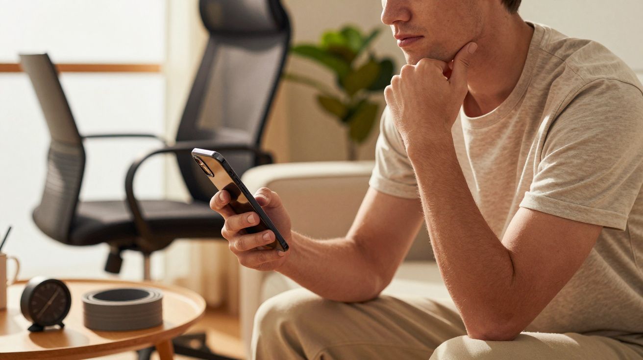 Mężczyzna siedzi w salonie, patrząc na smartfon. Obok leży zegar i kamera, w tle krzesło i roślina.