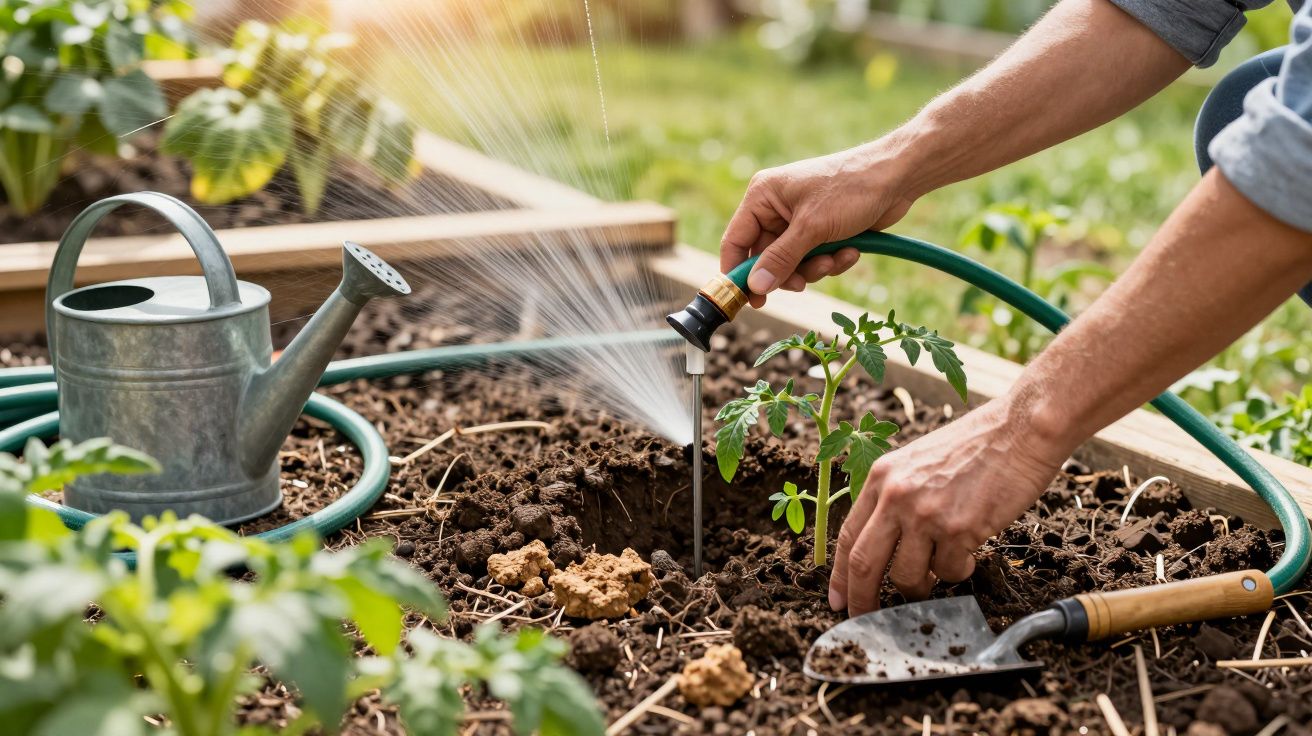 Osoba podlewająca rośliny w ogrodzie za pomocą węża ogrodowego, obok leży konewka i łopatka.