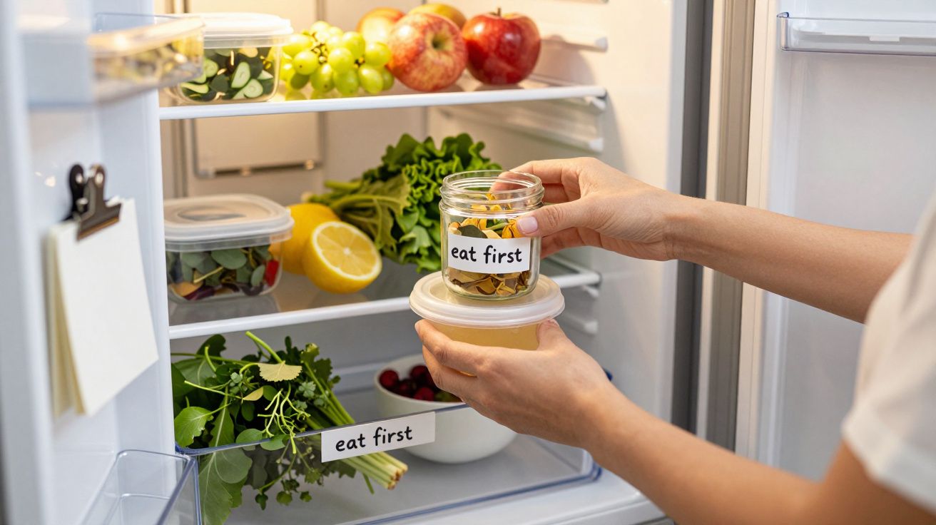 Osoba umieszcza pojemnik z etykietą "zjedz najpierw" w lodówce pełnej owoców i warzyw.