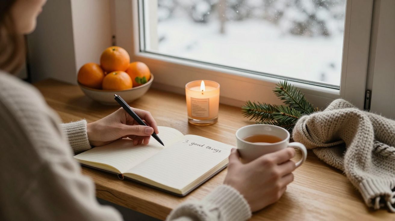 Osoba pisząca w notatniku przy świecy z kubkiem herbaty, pomarańczami i gałązką jodły na stole przy oknie.