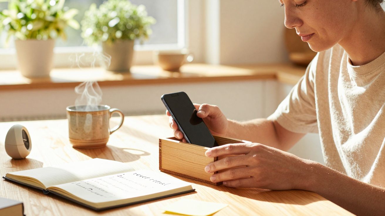 Osoba przy biurku wkłada smartfon do drewnianego pudełka obok notatnika i kubka z parującą herbatą.