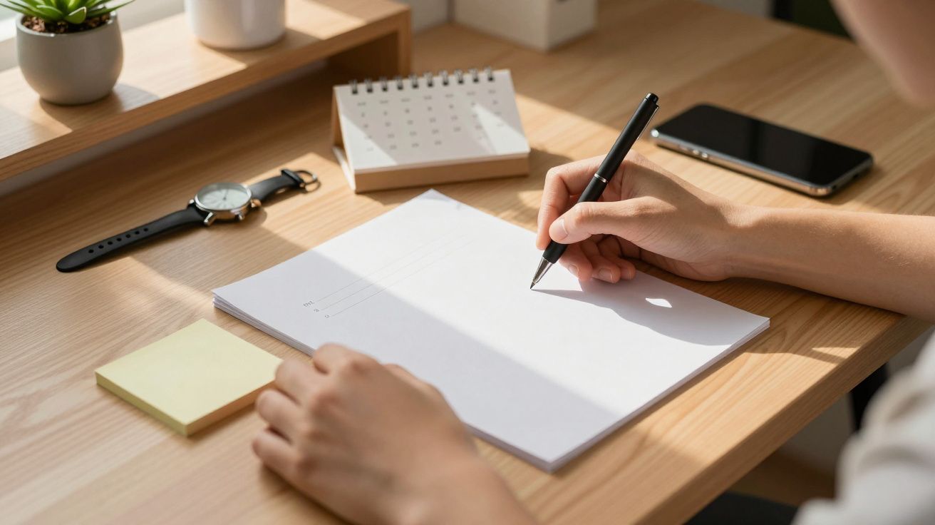 Osoba pisząca na kartce przy drewnianym biurku, obok leży zegarek, telefon, kalendarz i żółta karteczka.