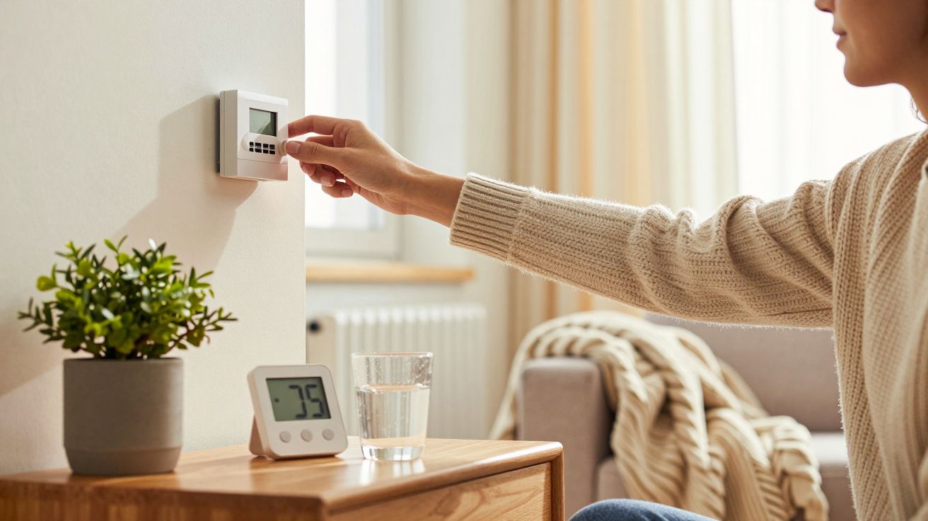 Osoba reguluje termostat na ścianie. Obok stoi doniczka z rośliną, szklanka wody i termometr pokazujący 75 stopni.