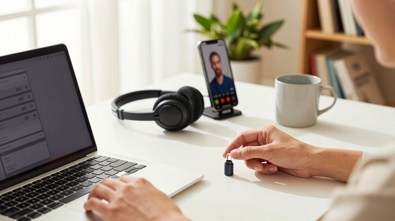 Osoba pracująca przy biurku z laptopem, słuchawkami i trwającym wideorozmową na smartfonie.