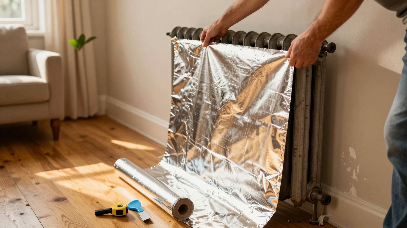 Osoba montuje folię aluminiową za grzejnikiem w salonie. Na podłodze leżą narzędzia i rolka folii.