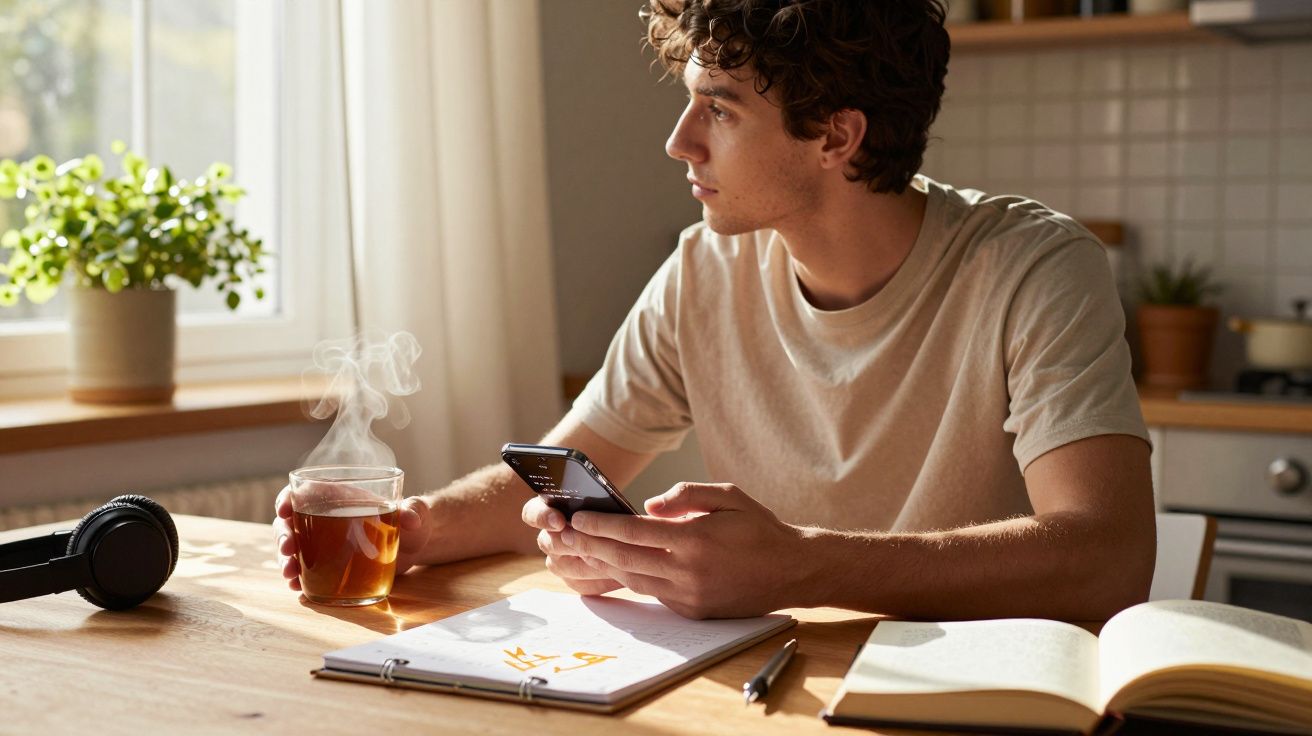 Mężczyzna siedzi przy stole, trzyma telefon i filiżankę herbaty, notatki i książka przed nim, kuchnia w tle.