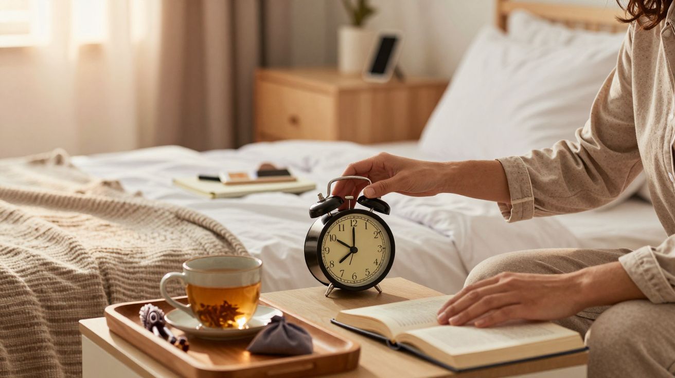 Osoba wyłączająca budzik na stoliku przy łóżku, obok książki i herbaty.