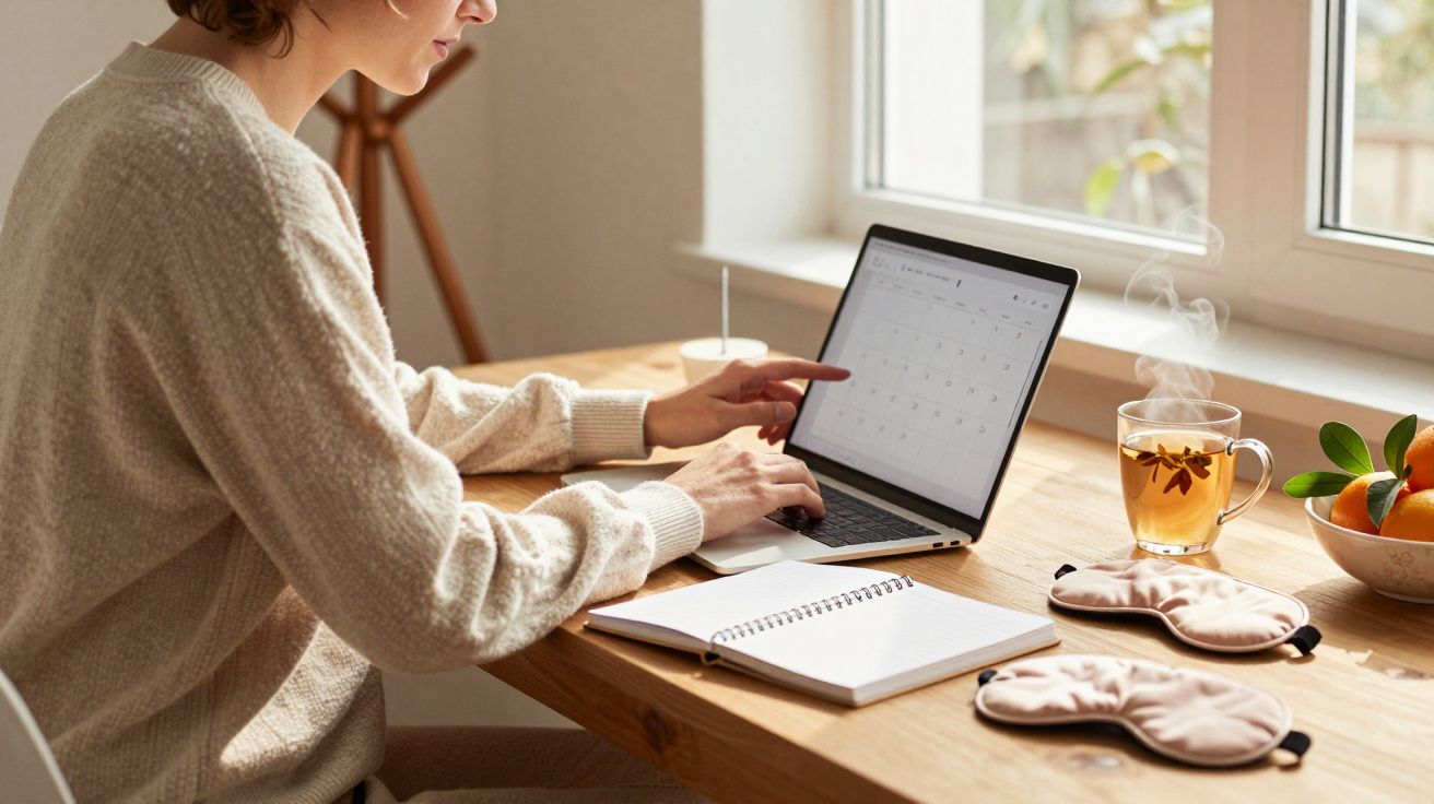 Osoba przy biurku, używa laptopa obok notesu, filiżanka herbaty i maska do spania na stole.