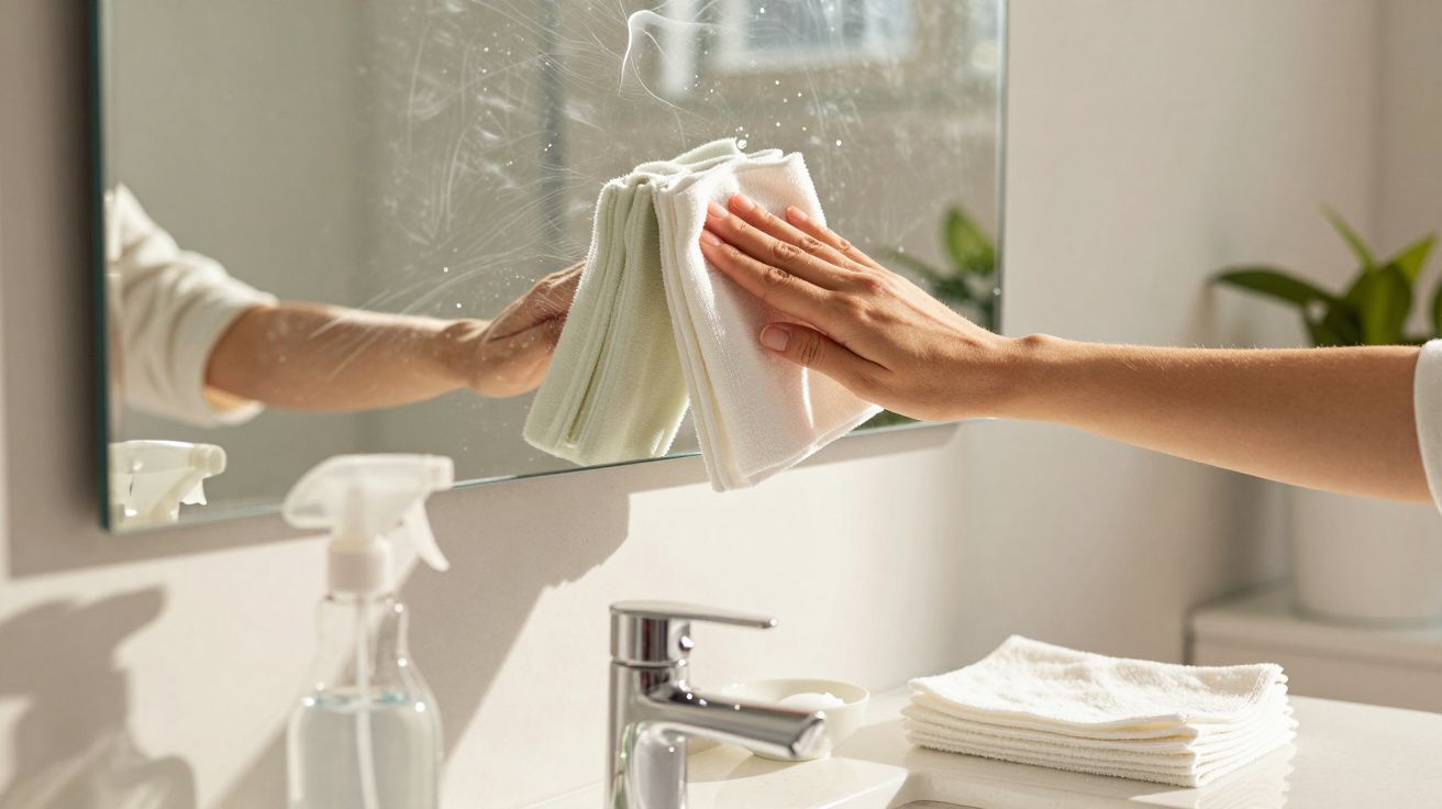 Osoba wyciera lustro w łazience białą ściereczką, obok stoi butelka ze spryskiwaczem i stos ręczników.