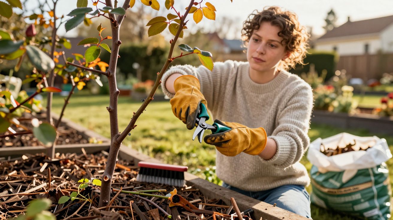 Osoba przycina gałązki róży w ogrodzie, nosząc żółte rękawice ochronne. W tle widać worek z ziemią i krzewy.