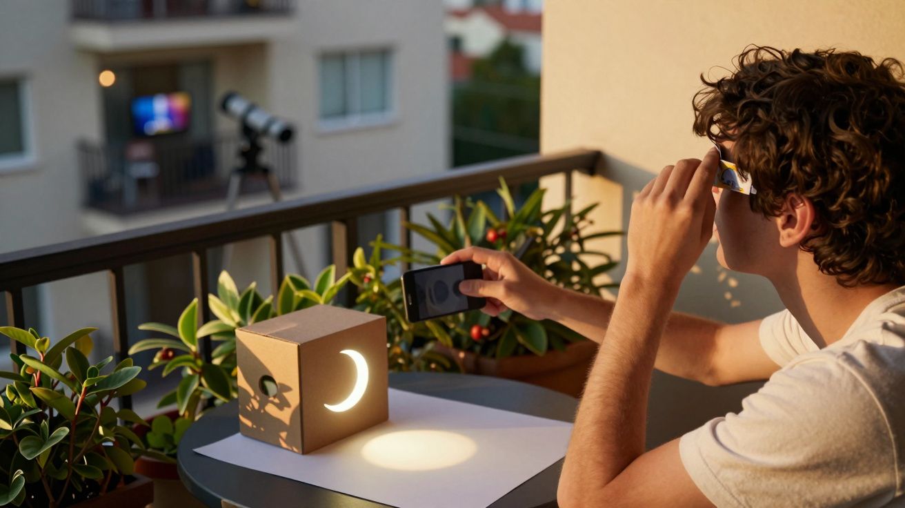 Mężczyzna na balkonie obserwuje przez kartonową lunetę z motywem księżyca, wokół rośliny w doniczkach.