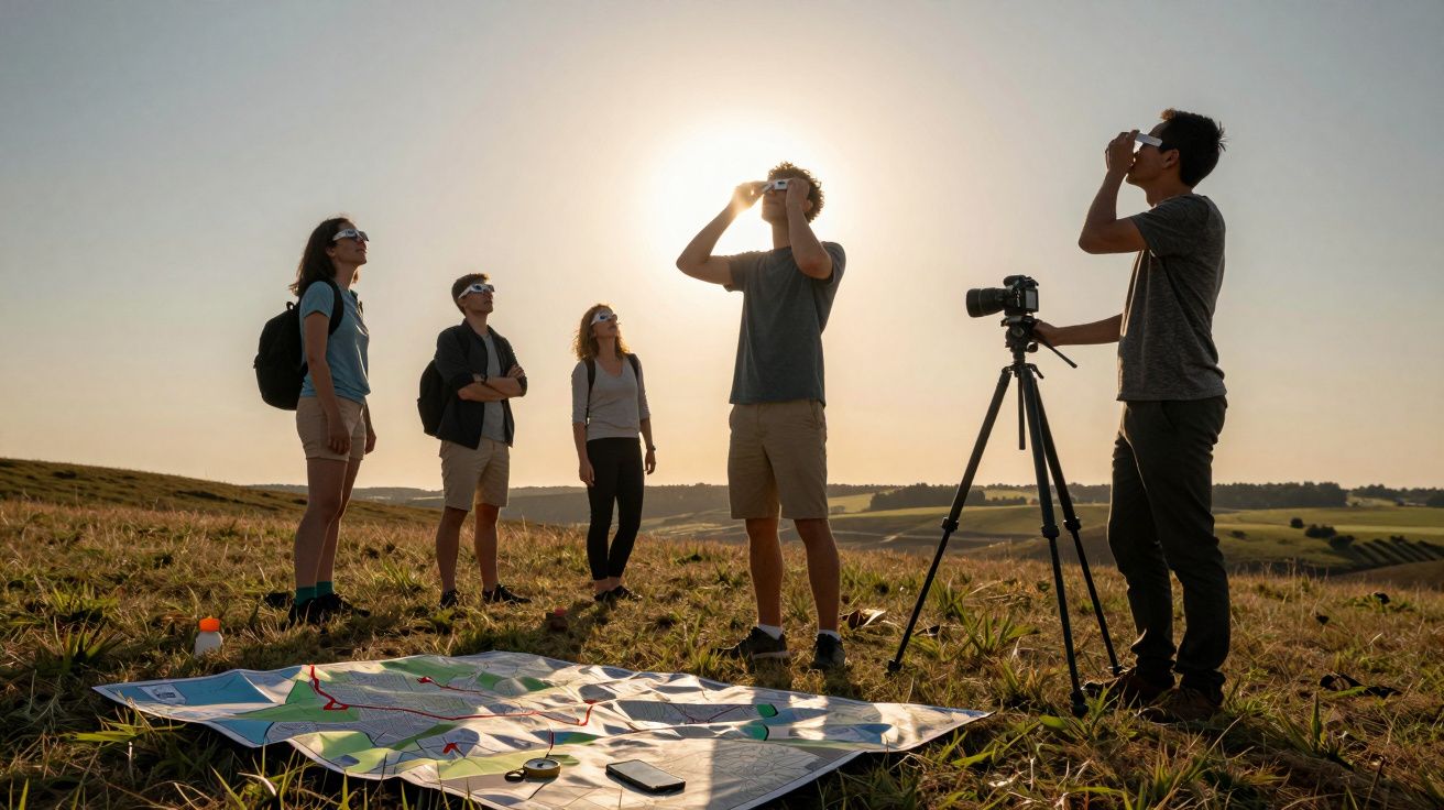 Grupa osób na wzgórzu ogląda zaćmienie słońca w okularach ochronnych, w tle krajobraz, aparat na statywie.