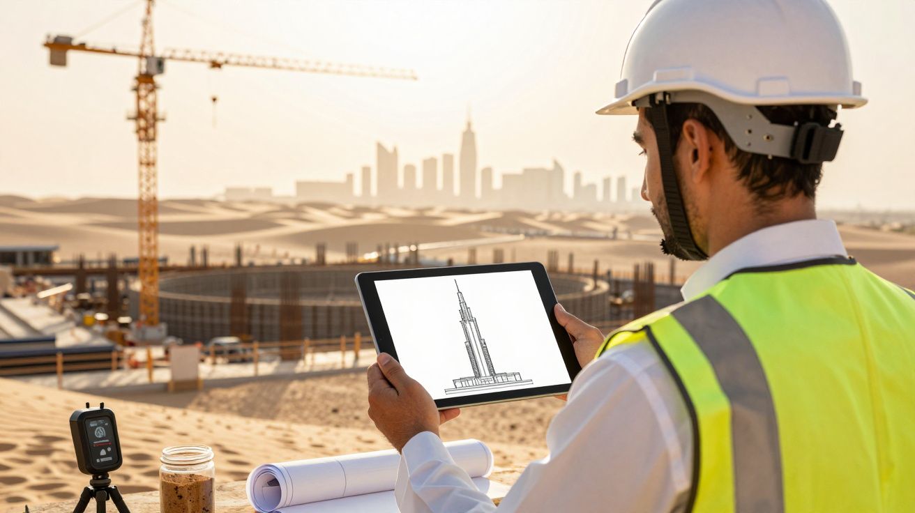 Inżynier z tabletem na budowie w pustynnym otoczeniu z dźwigami w tle.