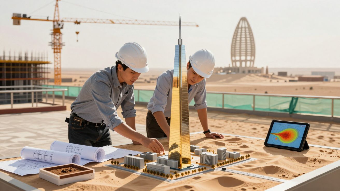 Dwóch inżynierów w kaskach analizuje makietę wieżowca na pustyni, obok leżą plany i tablet z wykresem.