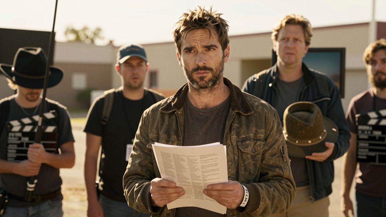 Mężczyzna z zarostem trzyma kartki, wokół niego stoją czterej mężczyźni, część z klapsami filmowymi, w tle budynek.