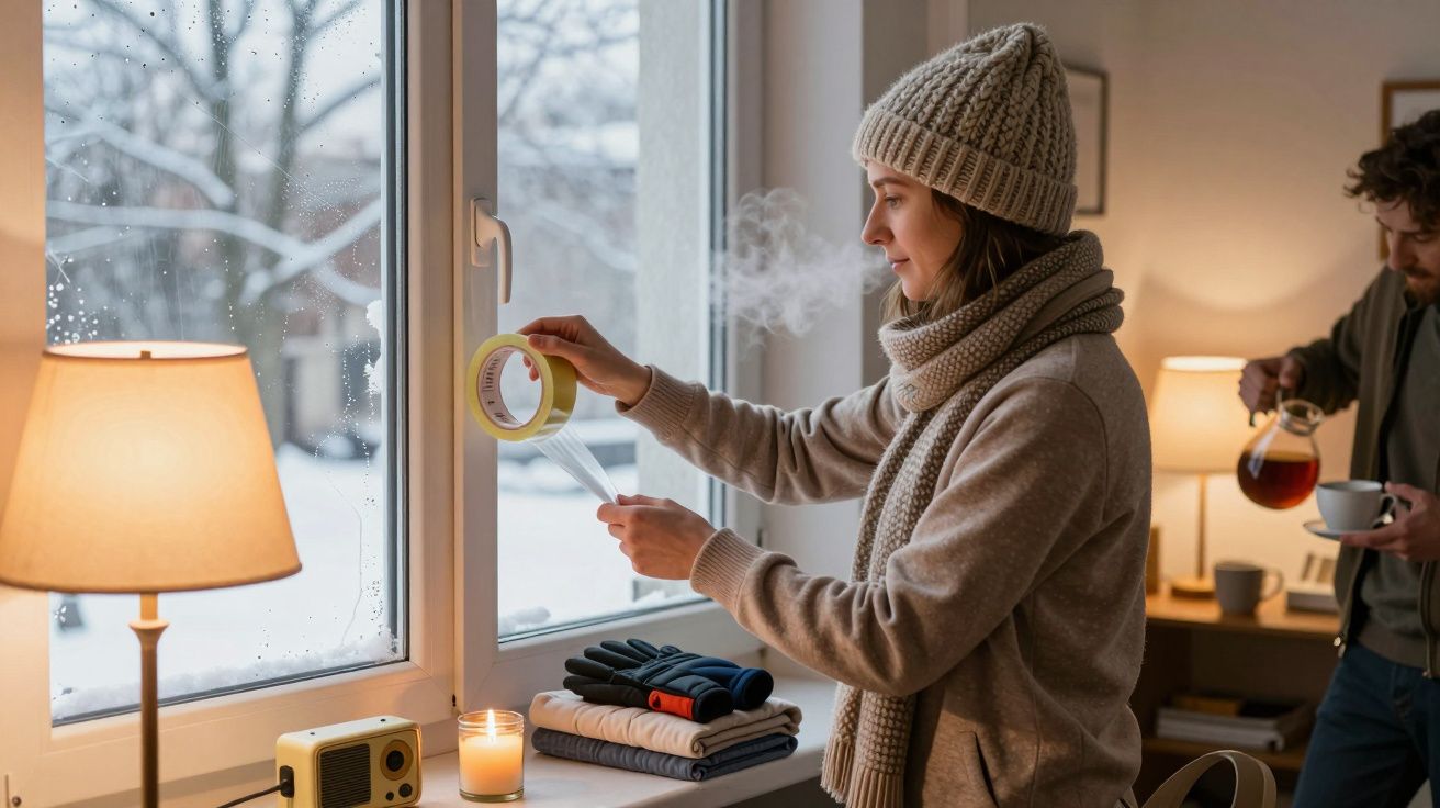 Kobieta uszczelnia okno taśmą w zimowym ubraniu, mężczyzna z tyłu nalewa herbatę.