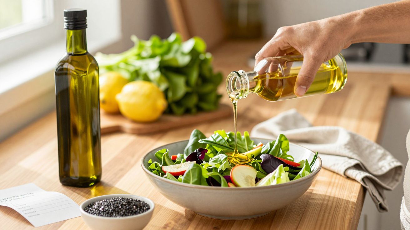 Ręka polewająca sałatkę oliwą z oliwek w kuchni, w tle sałata i cytryny na blacie.