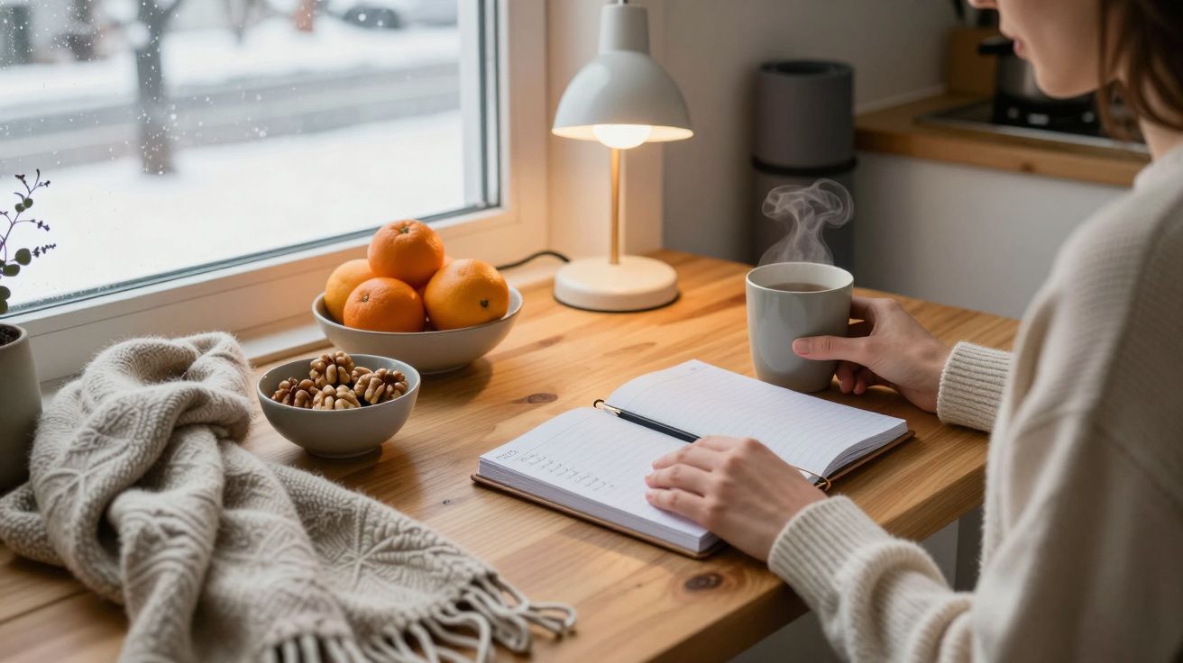 Osoba przy biurku z notatnikiem, kubkiem kawy, miską orzechów i pomarańczy, obok okna z lampką i kocem.