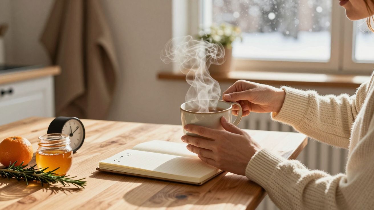 Osoba w swetrze trzyma parujący kubek przy stole z notatnikiem, pomarańczą, miodem i zegarem.