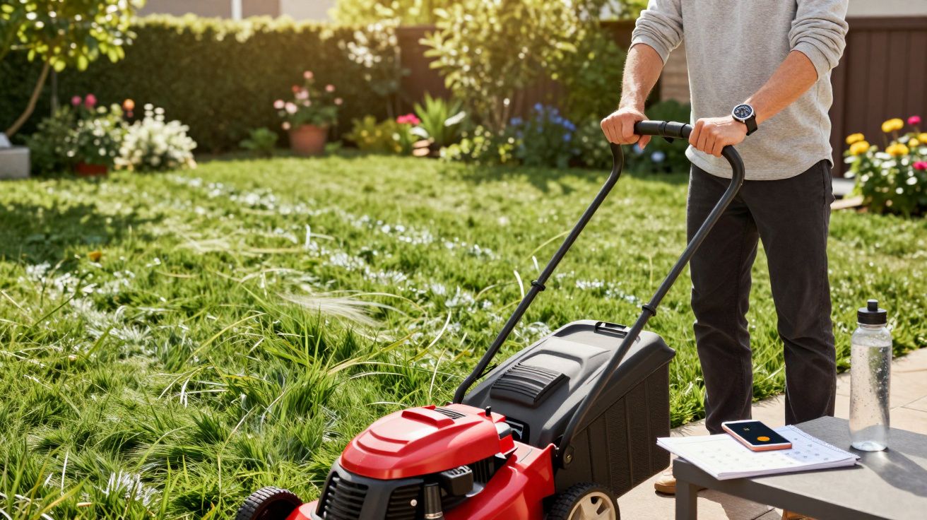 Osoba kosząca trawę czerwoną kosiarką w ogrodzie, otoczona kwiatami i zielenią.