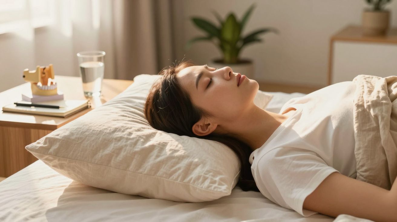 Kobieta śpiąca na boku w jasnym pokoju, z rośliną w tle i szklanką wody na stoliku nocnym.